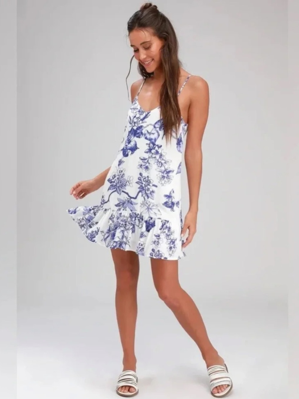 Lulus Garden Bloom Ruffled Shift Dress White Floral blue adjustable straps L